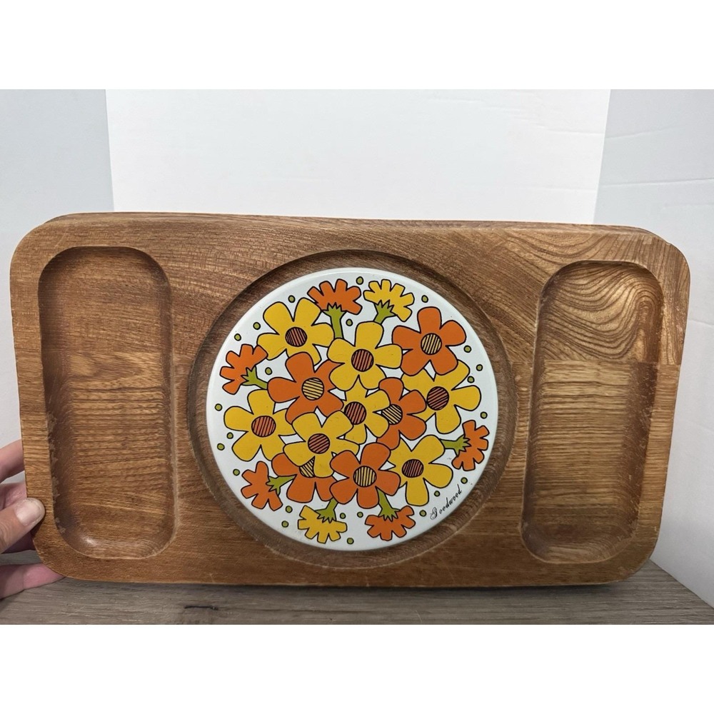 Vintage MCM Goodwood Teak Cheese Charcuterie Board Tray Japan Floral Daisy Tile